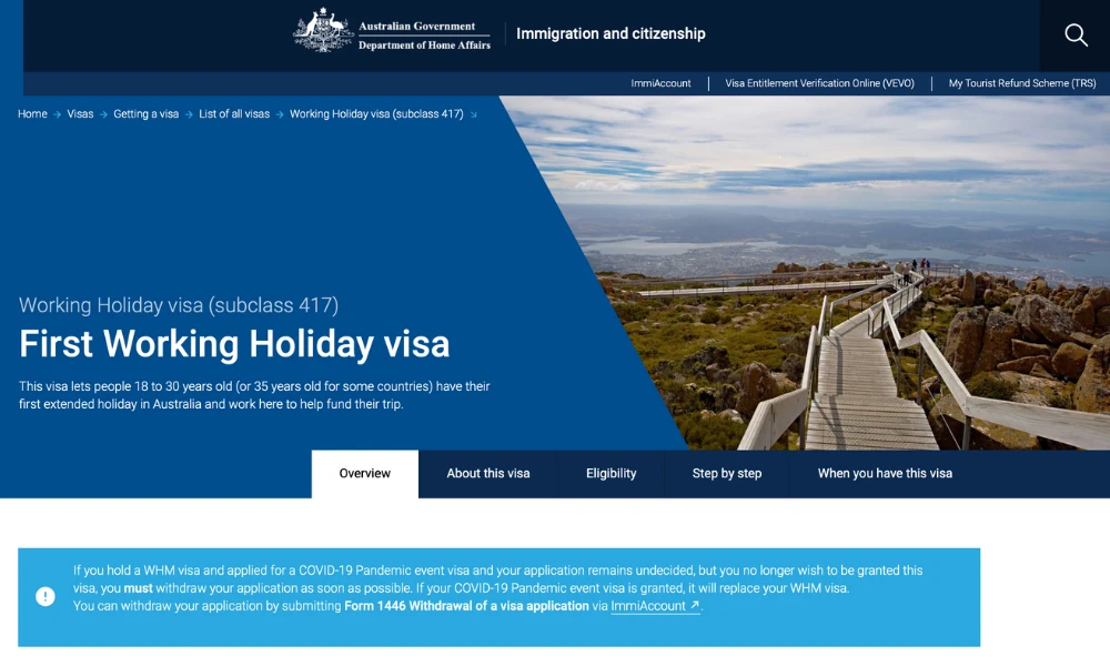 オーストラリア政府：ワーキングホリデービザ